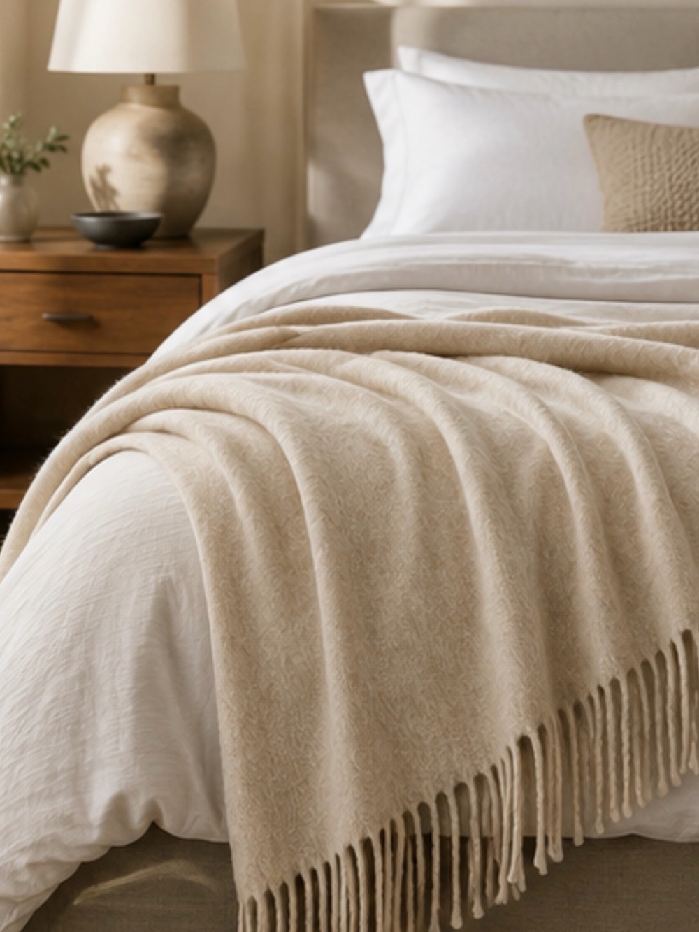 Nordstrom 100% Cashmere Ivory Fringe Throw Blanket 88” x 28”